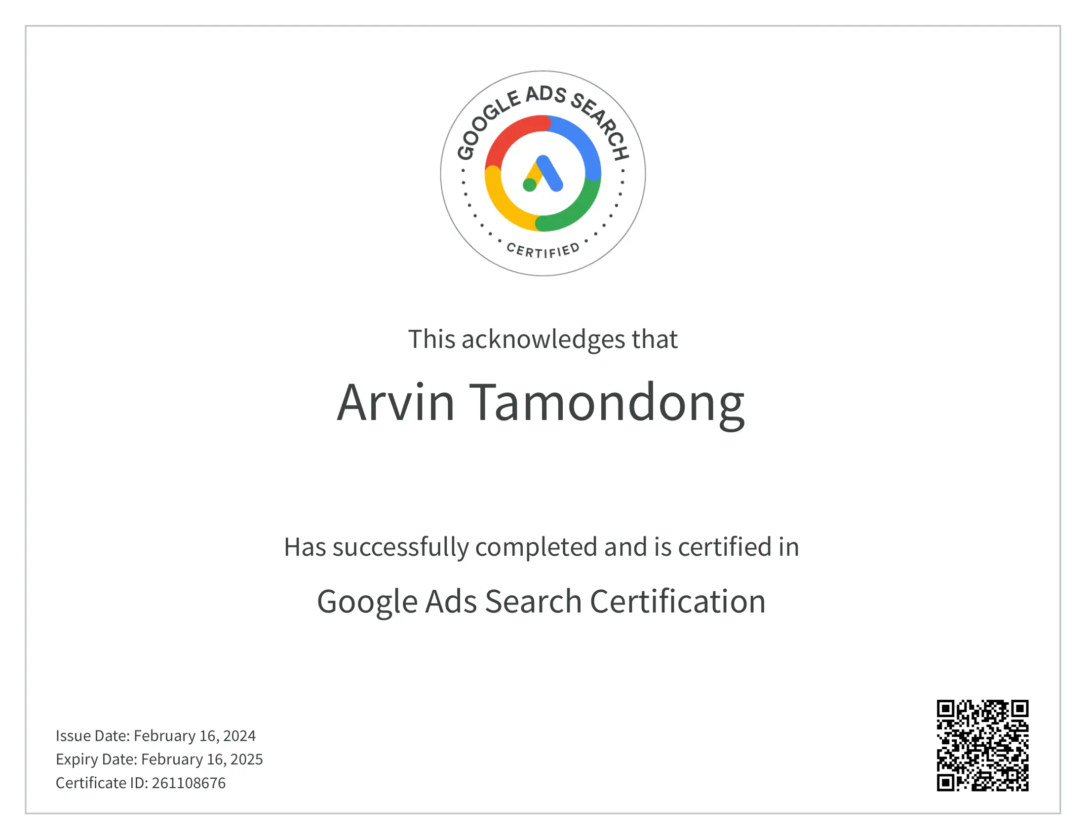 google-ad-search-certificate-of-arvin-tamondong
